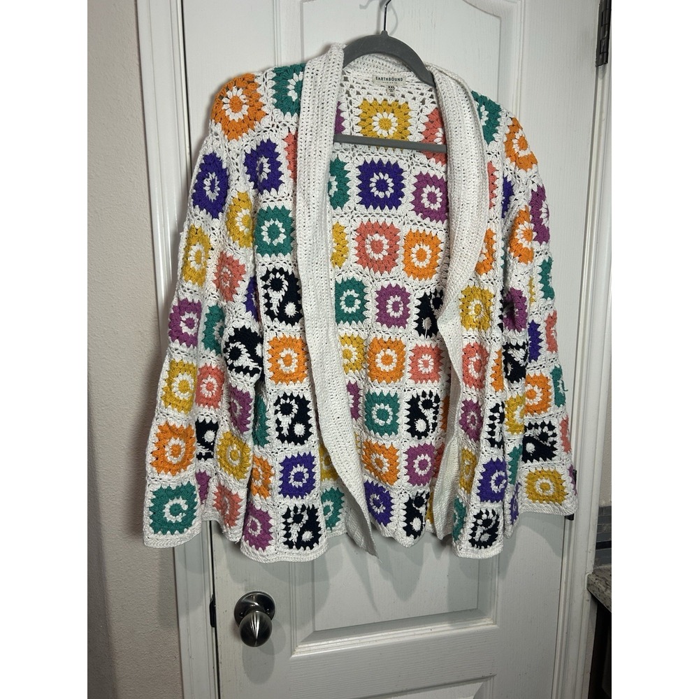 Earthbound Crochet Granny Square Open Front Cardigan Boho Sz XXL